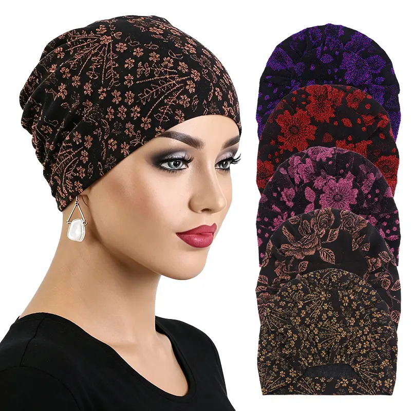 Women's Unisex Viral Metallic Floral Printed Slouchy Turban Beanie Cap, Soft Stretch Shiny Finish, 1-Size Full Coverage Sports Headwrap for Daily-Church Use, One Size