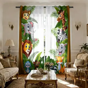 2 pieces of high-definition digital jungle cartoon animal printed curtains. They offer semi-transparent protection for privacy, are resistant to fading, can be hand-washed or machine-washed, and are suitable for home decoration in bedrooms and living room