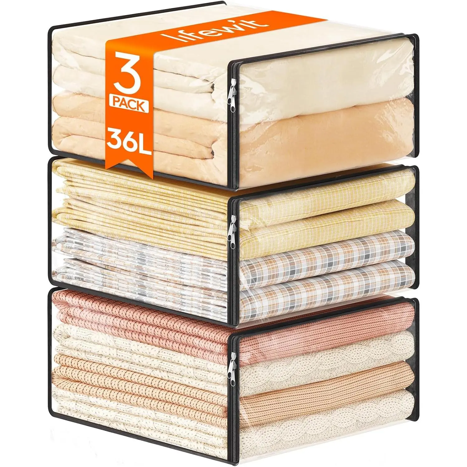 36L Clear Sheet Storage Bags with Zipper 3 Pack, Plastic Sweater Storage Bins for Clothing, Vinyl Foldable Clothes Containers Organizers for Closet, Blankets, Bedding 17.7 x 15.7 x 7.9 Inch