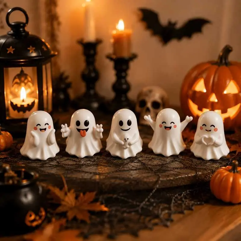 Halloween 5-Piece Ghost Statue Set, Cute Mini Ghost Home Decor, Festive Office Desk Party Decoration, Seasonal Desktop Ornament
