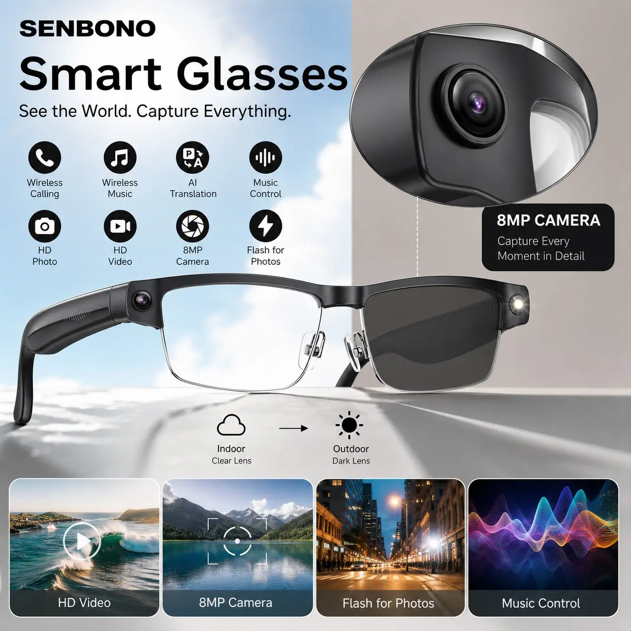 SENBONO AI Smart Glasses with 100+ Language Translation, 8MP Anti-Shake Camera, Video Recording, Bluetooth Calling — Perfect for Business Trips & International Travel