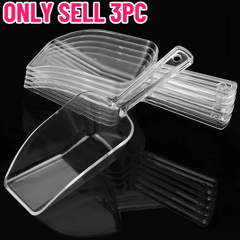 3Pcs Clear Plastic Scoops, Ideal for candies, popcorn, cookies, ice cubes, ice cream, flour, coffee, grains and dry goods. Multi-purpose scoops for home kitchen storage, bar counters, wedding banquets, birthday parties, dessert buffets and snack packaging