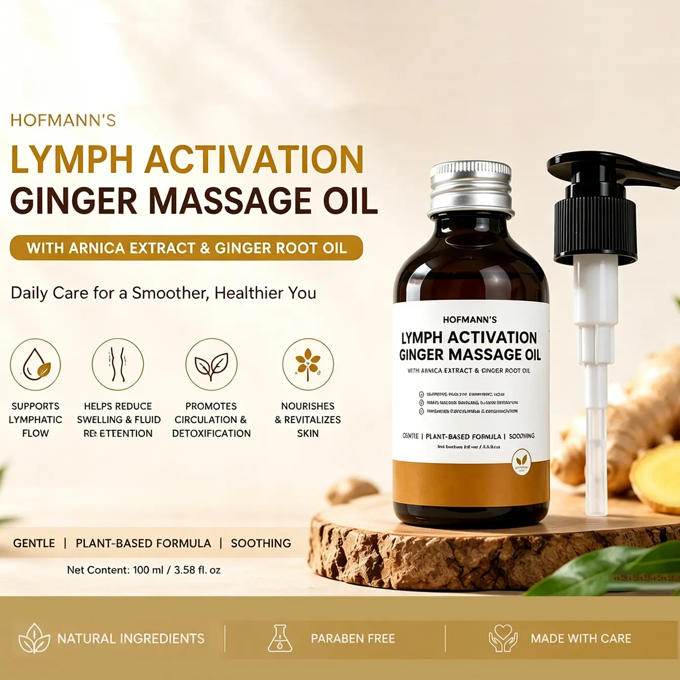 Ginger Oil Lymphatic Drainage Massage, Warming Tired Sore Muscle, Natural Arnica Extract, Grapeseed Oil, Vitamin E, Massage Therapy Oil