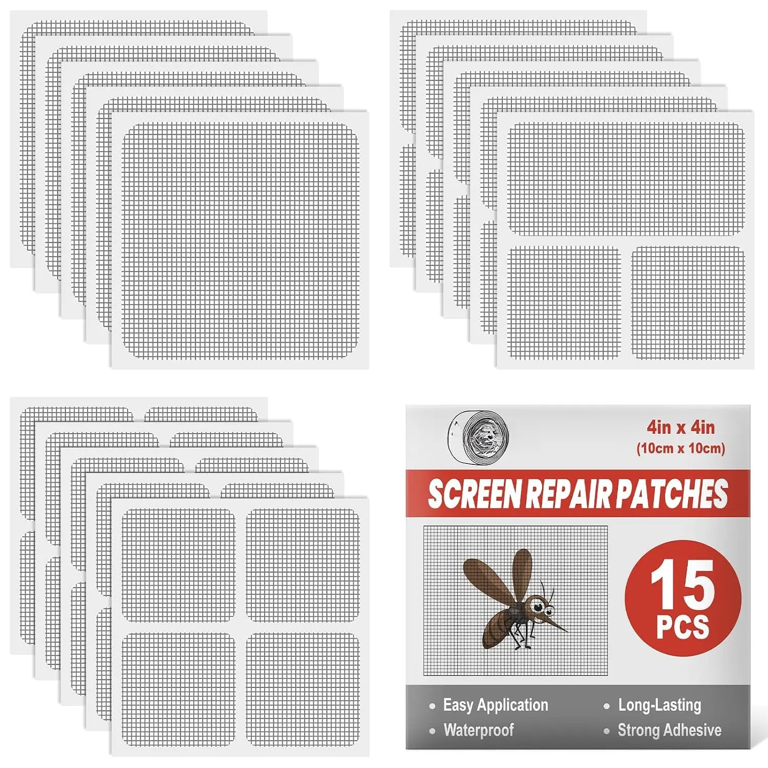 15 Sheets Window Screen Patches Repair Kit Gray 3 Sizes Fiberglass Patches | Self-Adhesive Fiberglass Screen Repair Patches in 3 Sizes, Quick Fix for Window Screen Tears & Holes, Grey