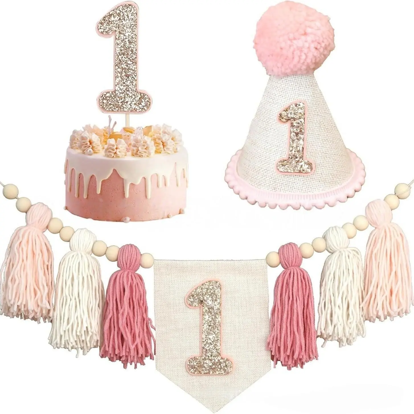 Boho Birthday Set with Banner, Hat, Cake Decor, Yarn Pull Flag, Perfect for Parties, Room Decoration, First Birthday Setup, Party Pack