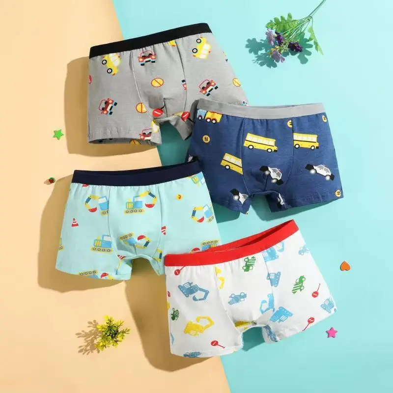 Boys' 4-Pack Dinosaur Print Boxer Shorts, Polyester Blend with Slight Stretch, Stylish Colorful Design, for 4-12 Years, All-Season Wear, Interchangeable Options, All Seasons