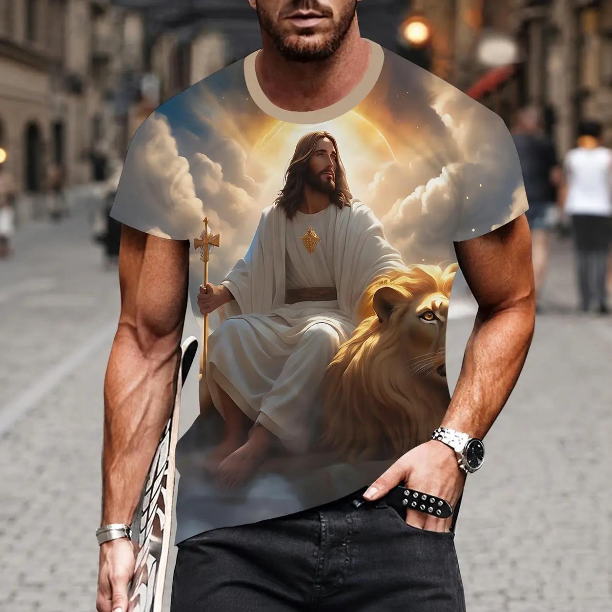 Men’s Jesus and Lion Graphic Polyester Sports Top, Menswear Church Wear Christian Faith Short-Sleeve Crew Neck Tee for Church, Inspirational Gifts