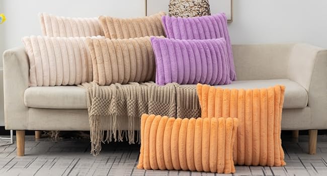 Set of 2 Dark Grey Faux Fur Decorative Throw Pillow Covers Striped Pillowcase Cushion Covers 18 x 18 Inch Sofa Couch Bedroom