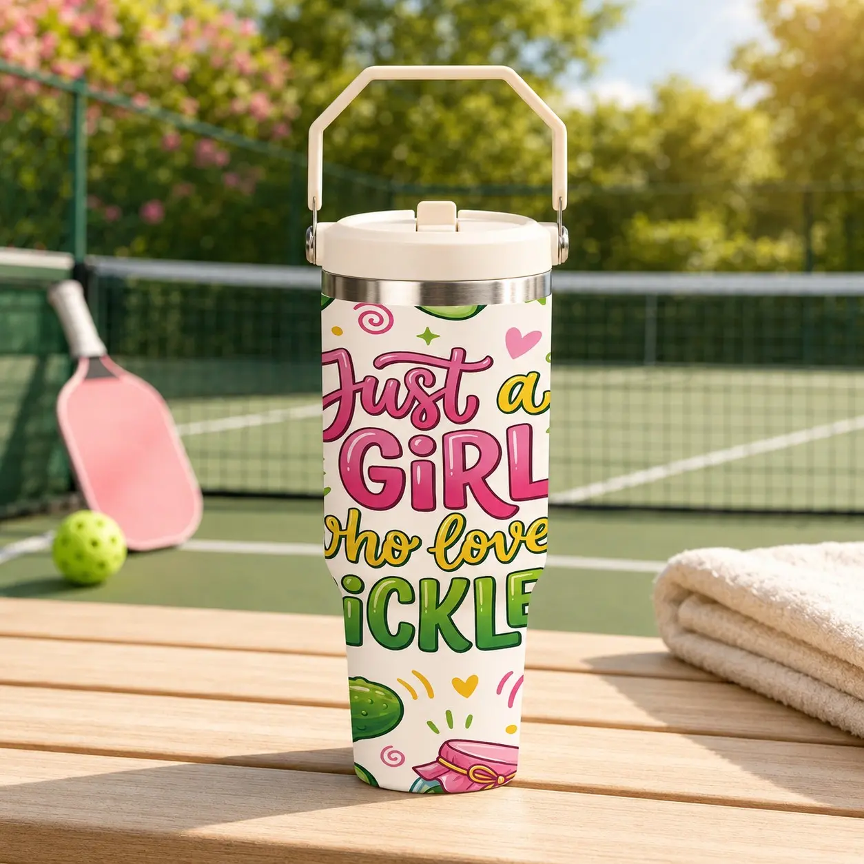 30oz Pickle Tumbler with Handle and Lid, Double Wall Vacuum Insulated Stainless Steel Travel Mug, Cute "Just a Girl Who Loves Pickles" Funny Pickle Lover Gifts for Women, Girls, Friends, Birthday