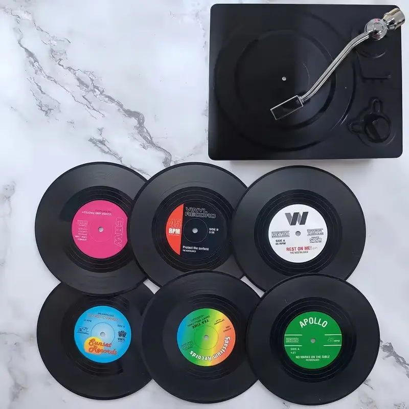 New Set of Replica Vinyl Record Tableware Coasters, Vintage Phonograph Holder, Retro Vinyl Large Record Coaster, Customizable Graffiti Coasters