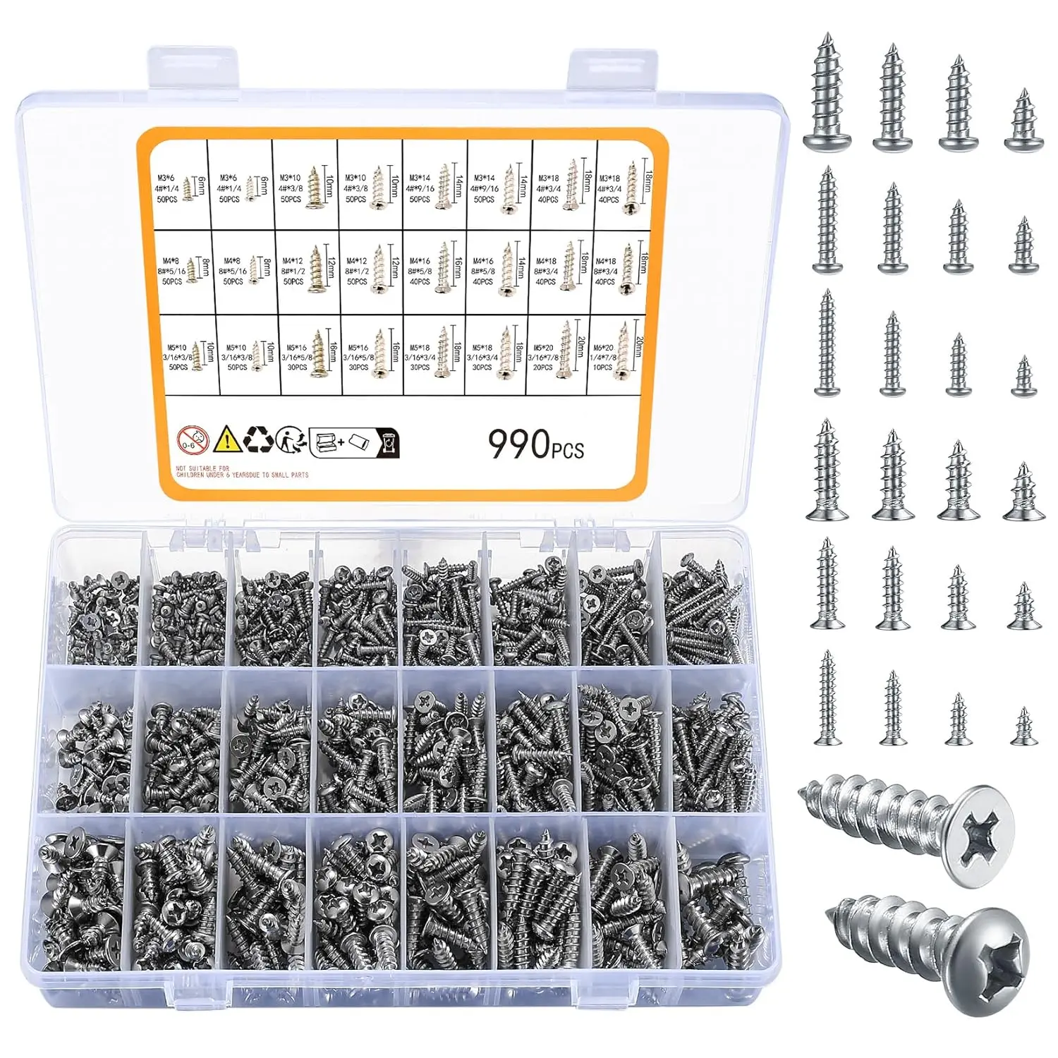 990 count Self Tapping Screws  Set,500pcs Flat ,490pcs Round HEA | M3/M4/M5/M6 Stainless Steel Sheet Metal Screws, Phillips Drive  ScrewsSet for Deck Drywall Concrete Screws