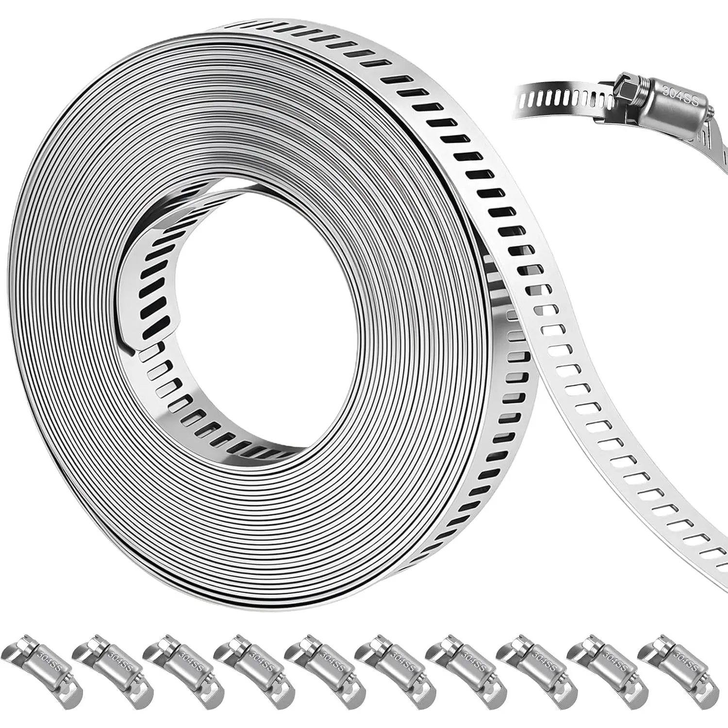 16 FT DIY Hose Clamps  Kit,304 Stainless Steel Hose Clamps,Worm Gear Duct Pipe Hose, 16 FT Metal Strap+10 Stronger Fasteners,Large Adjustable Worm Gear Band Hose Clamps.