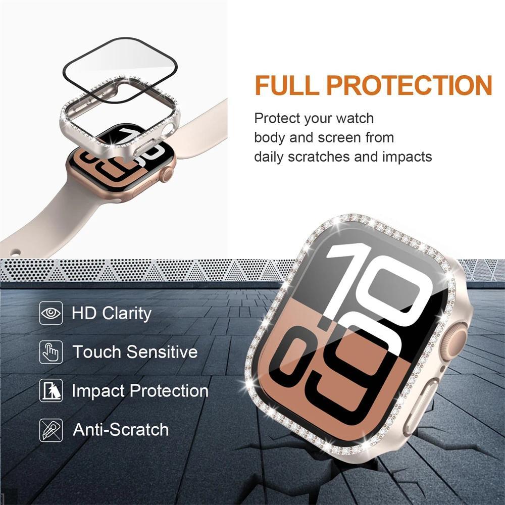 Diamond Case For Apple watch series 10 9 8 7 6 5 4 se 46mm 42mm 44mm-40-41-45mm Glass+Bling Bumper Screen Protector Accessories