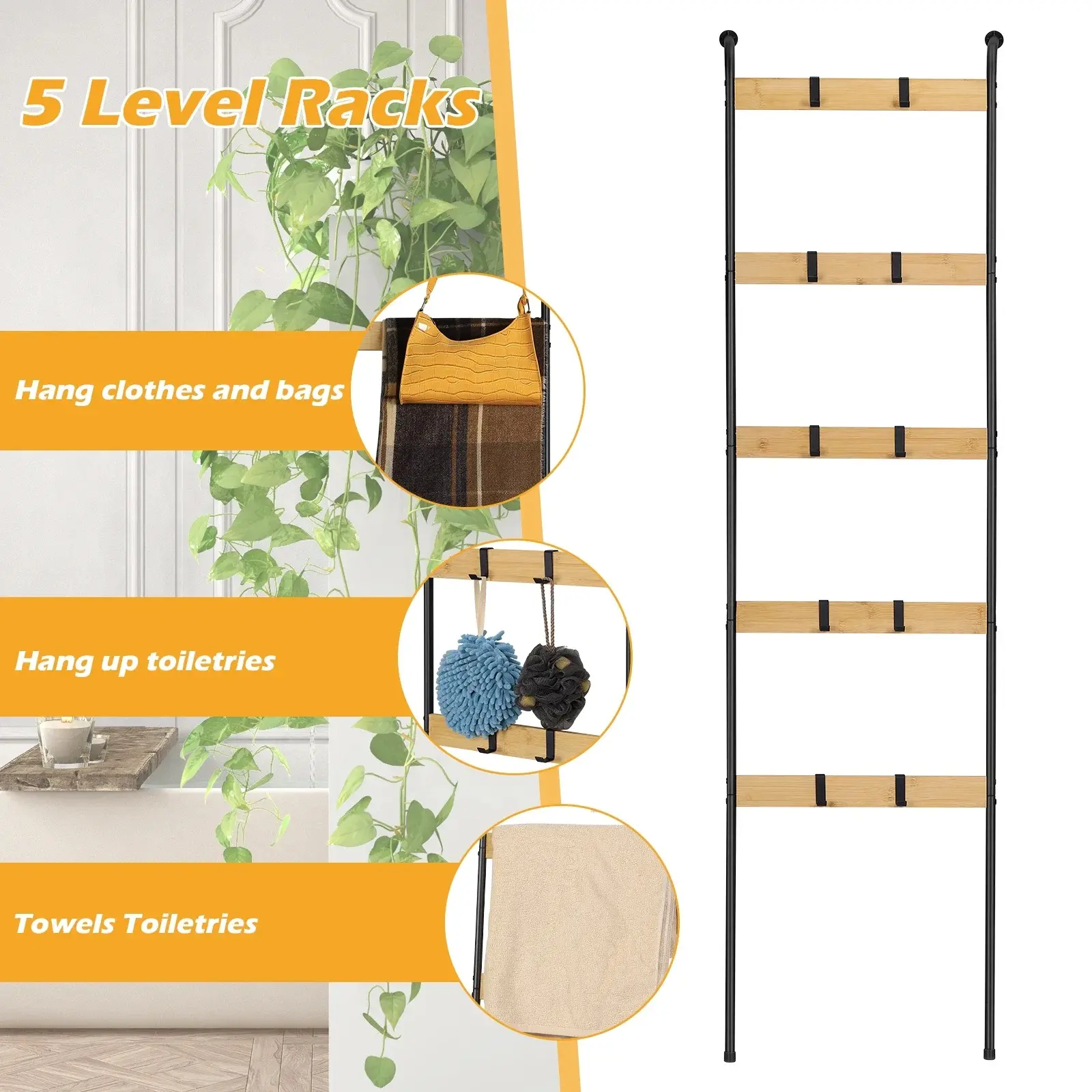 Blanket Ladder, 5-Tier Wall Leaning Rack with 10 Removable Hooks, Stylish & Durable Towel/Quilt Holder for Living Room Bathroom, Rustic Brown & Black Decorative Stand 64.6in
