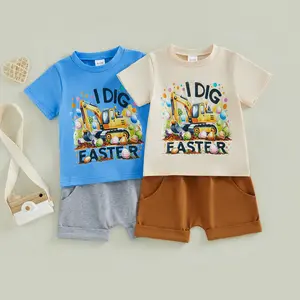 PYBCVRRD Kids Toddler Baby Boys Easter Outfits Set Short Sleeve I Dig Eggs Excavator Print Tops T shirt and Solid Color Shorts 2pcs Clothes Set 1-5 Years