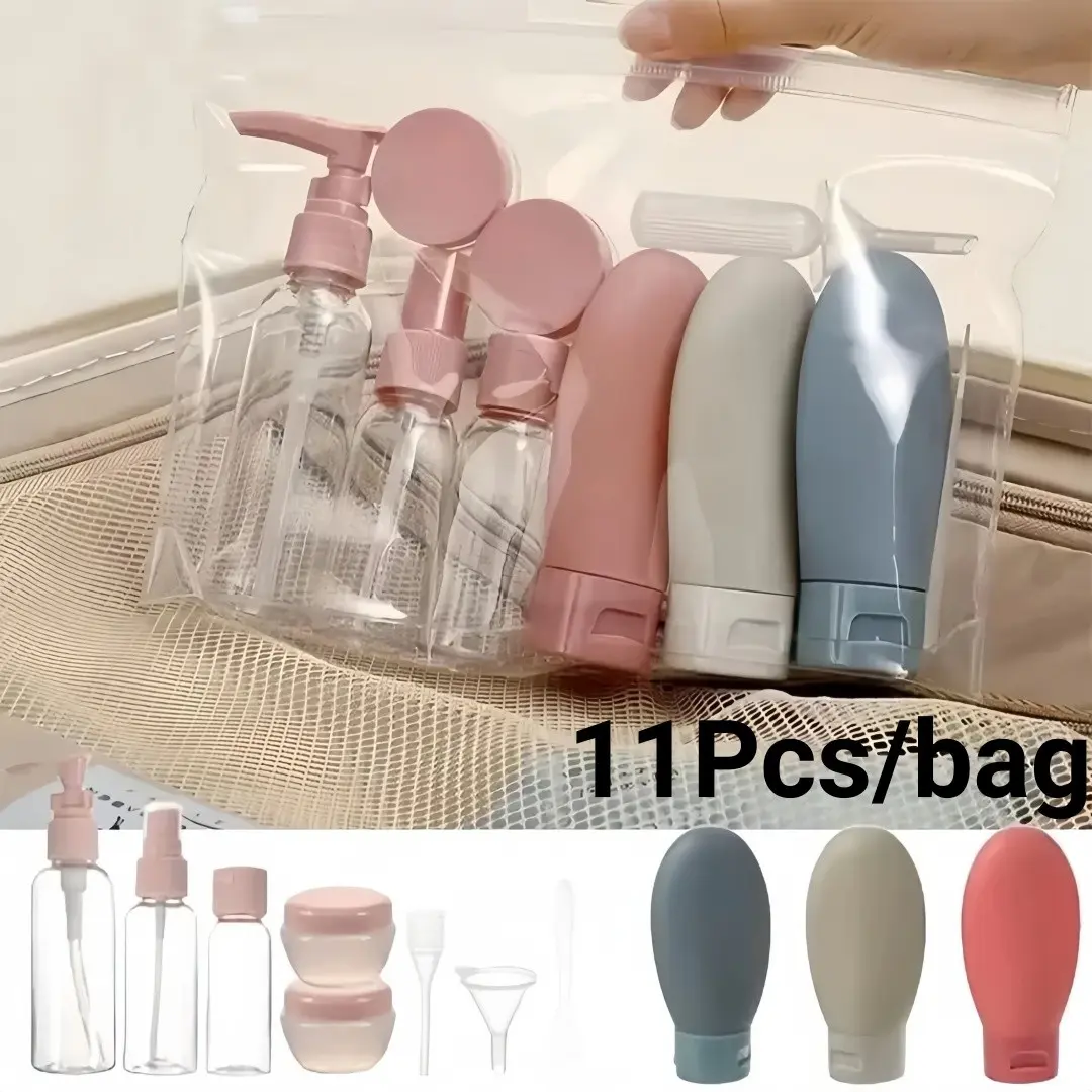 11-piece travel toiletry set, including containers for cosmetics, hair conditioner, and lotion dispensers. Portable Makeup Tools, reusable mini skincare bottles that can be taken on planes and trains