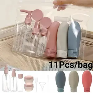 11-piece travel toiletry set, including containers for cosmetics, hair conditioner, and lotion dispensers. Portable Makeup Tools, reusable mini skincare bottles that can be taken on planes and trains