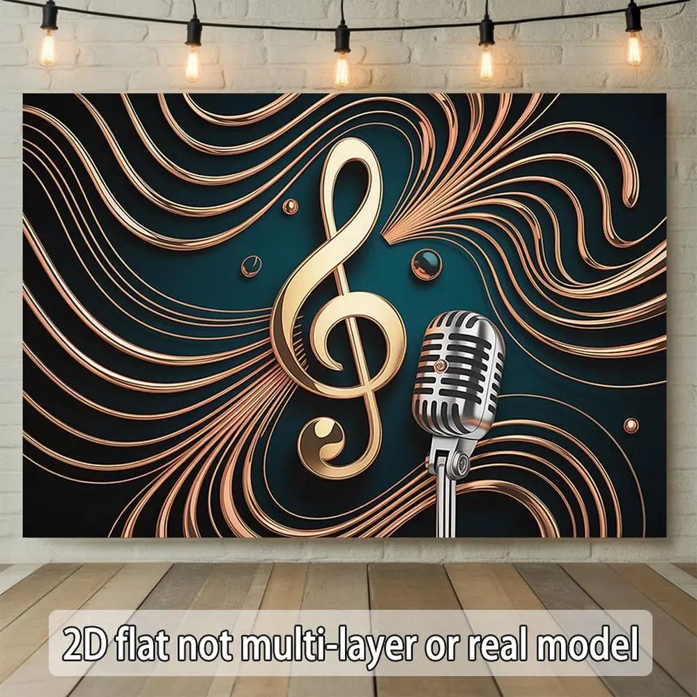 1pc Polyester 2D Flat Not Multi-Layer Music Note-Microphone Banner, Soft Fabric Musical Decor - Wedding, Karaoke Night Use - Indoor-Outdoor All-Season Textile Decor