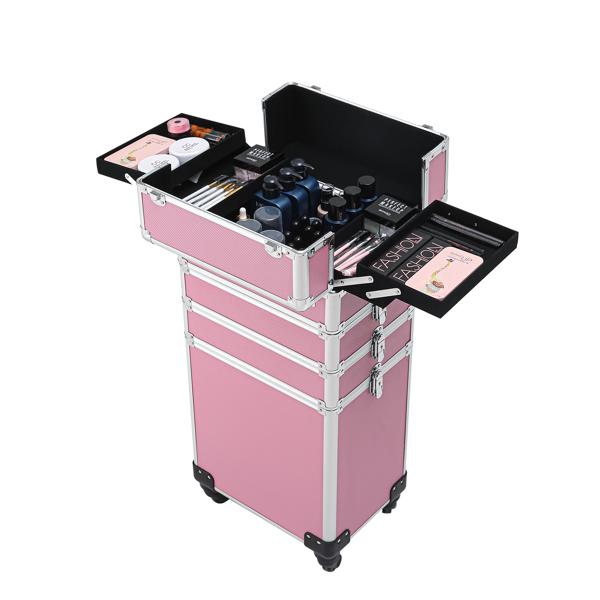 4 In 1 Aluminum Makeup Case Pink, Professional Cosmetic Storage Box for Makeup Tools Brushes and Accessories, Portable Beauty Organizer for Travel and Home Use