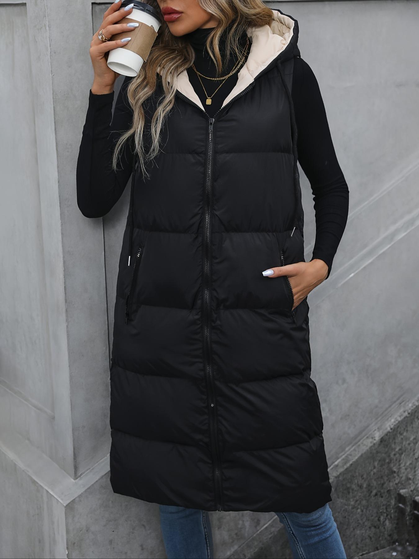 Women's Woven Solid Pocket Zip Up Drawstring Hooded Vest Winter Coat, Casual Fashionable Loose Sleeveless Thick Warm Coat for Daily Outdoor Wear, Women Clothing for Fall & Winter, Womenswear