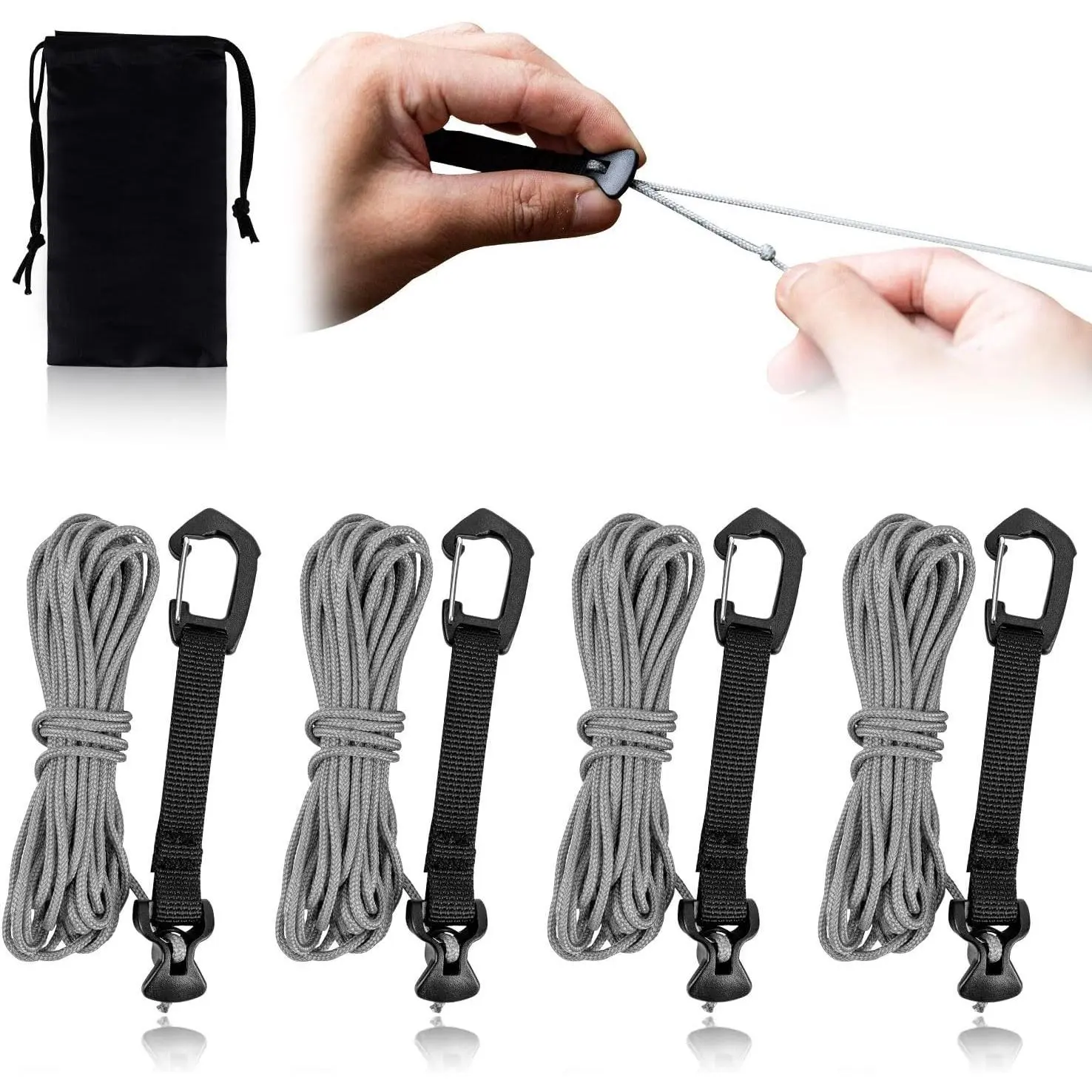 Ultralight Pack 4-Pack 2mm 100% Nylon Rope Camping Guylines Set with Locking Clip for Outdoor Tent, Tarp Hiking 4M Grey