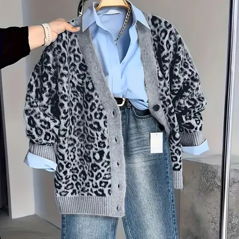 Women's Leopard Print Knit Cardigan, Vintage V-Neck Long Sleeve Button Front Sweater, Loose Fit Shoulder Drop Midi Knit Top for Fall Winter