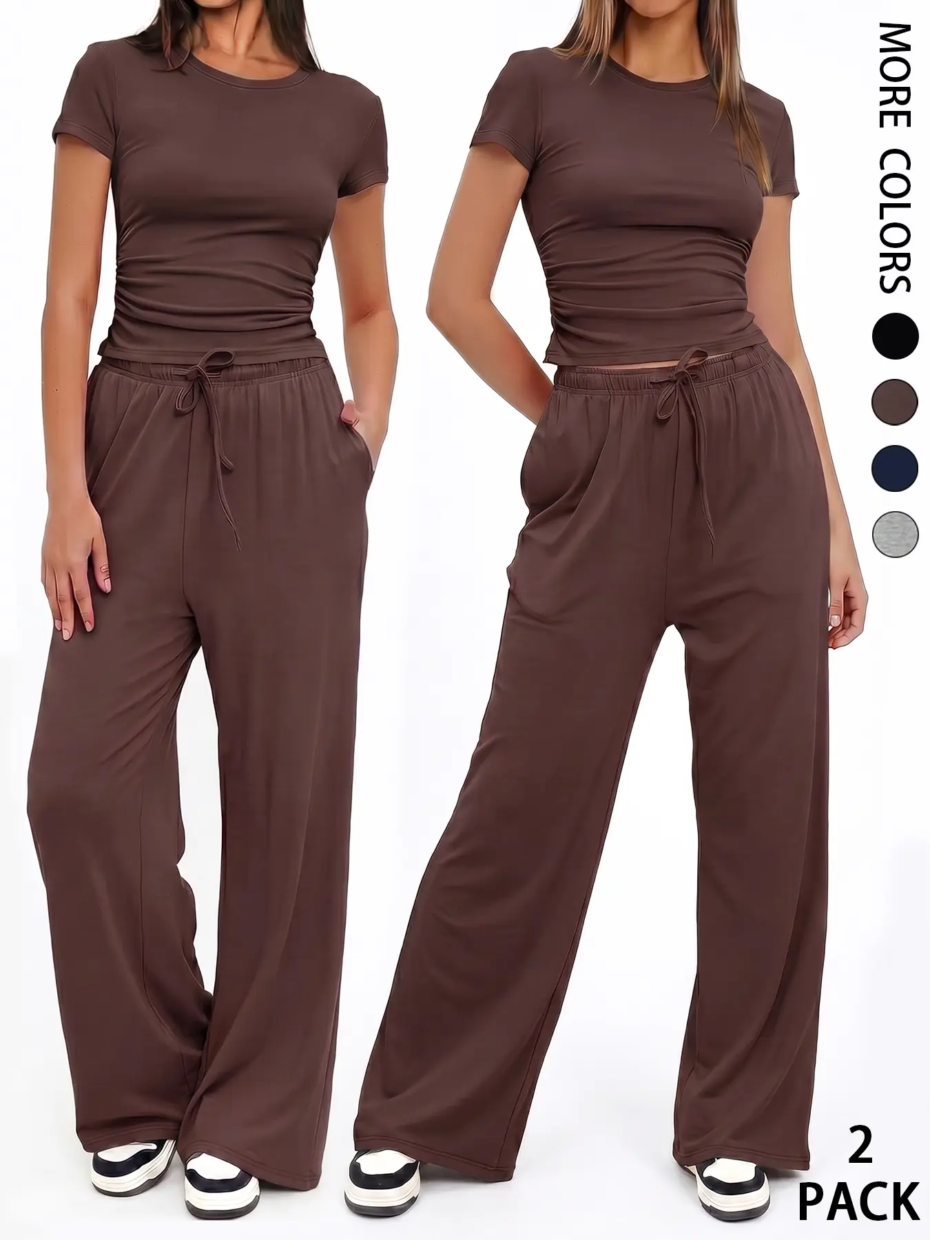 2pcs/Set Women's Casual Ruched Short Sleeve T-Shirt and Loose Pants Set, Basic Outfits, Minimalist 2-Piece Set, Comfortable and Stylish Clothing, Daily Wear