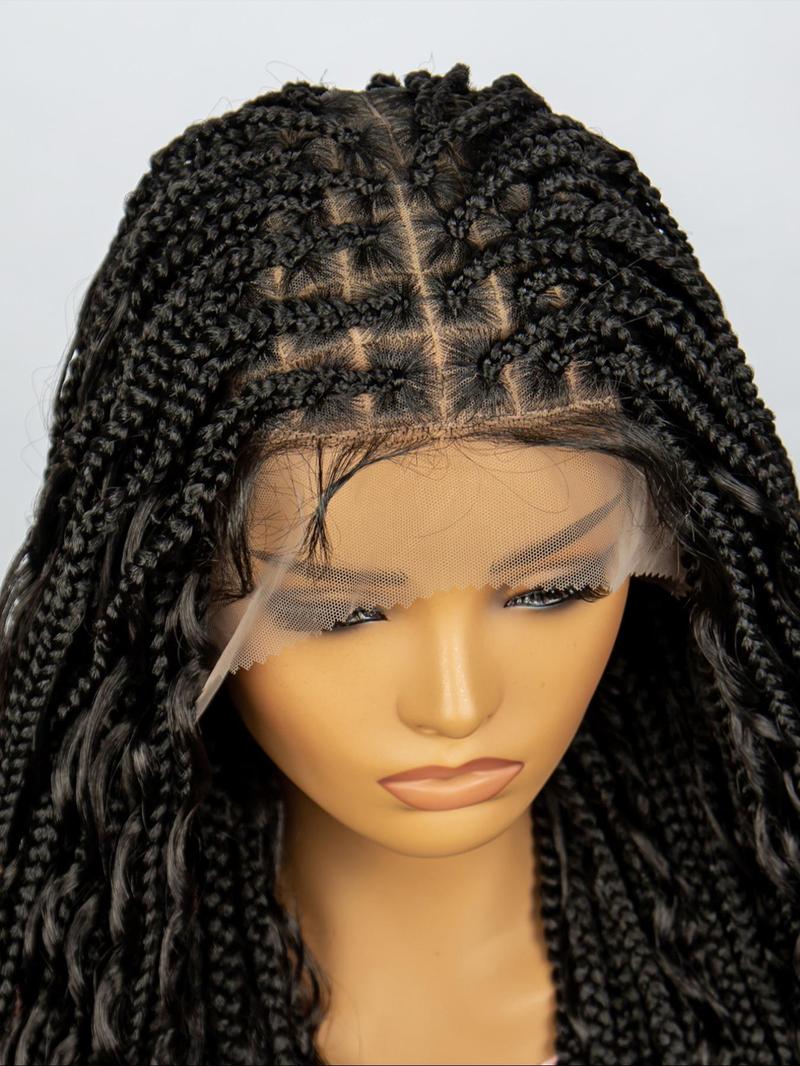 33 Inch Black Full Lace Front Box Braided Wig with Curly Hair Distressed Knotless Braided Wigs for Women, Synthetic Braided Lace Wigs for Party, Daily Use, Wigs That Look Like Real Hair, Kinky Curly Wigs