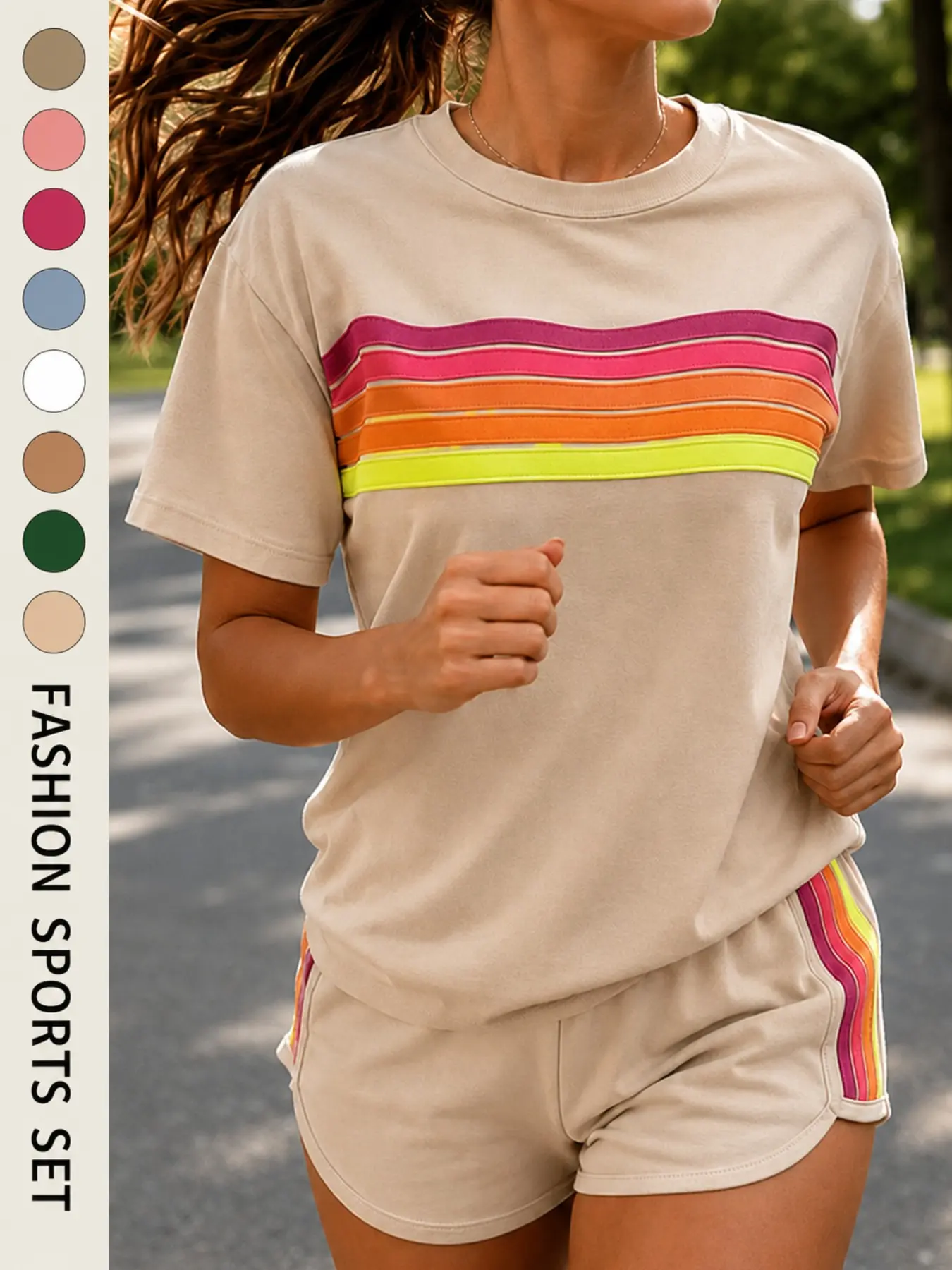 Women's Casual Sporty Outdoor Two-Piece Set, Loose Round Neck Short Sleeve Top with Matching Shorts, Gradient Rainbow Stripes, Summer
