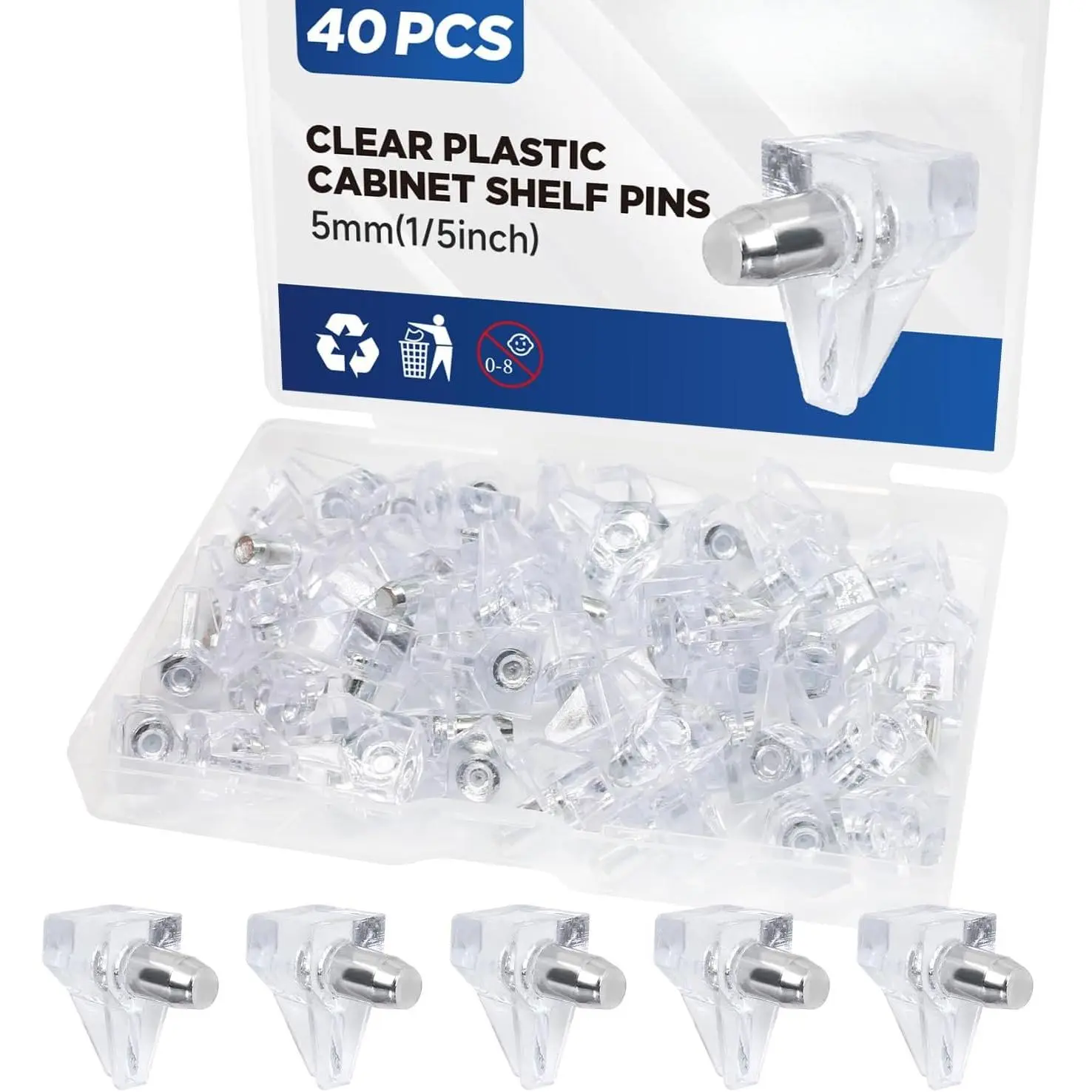 40 count Plastic Cabinet Shelf Support Pegs for Shelves 5mm Clear Holder Locking Pins Cabinet Shelf Clips YY029-TM