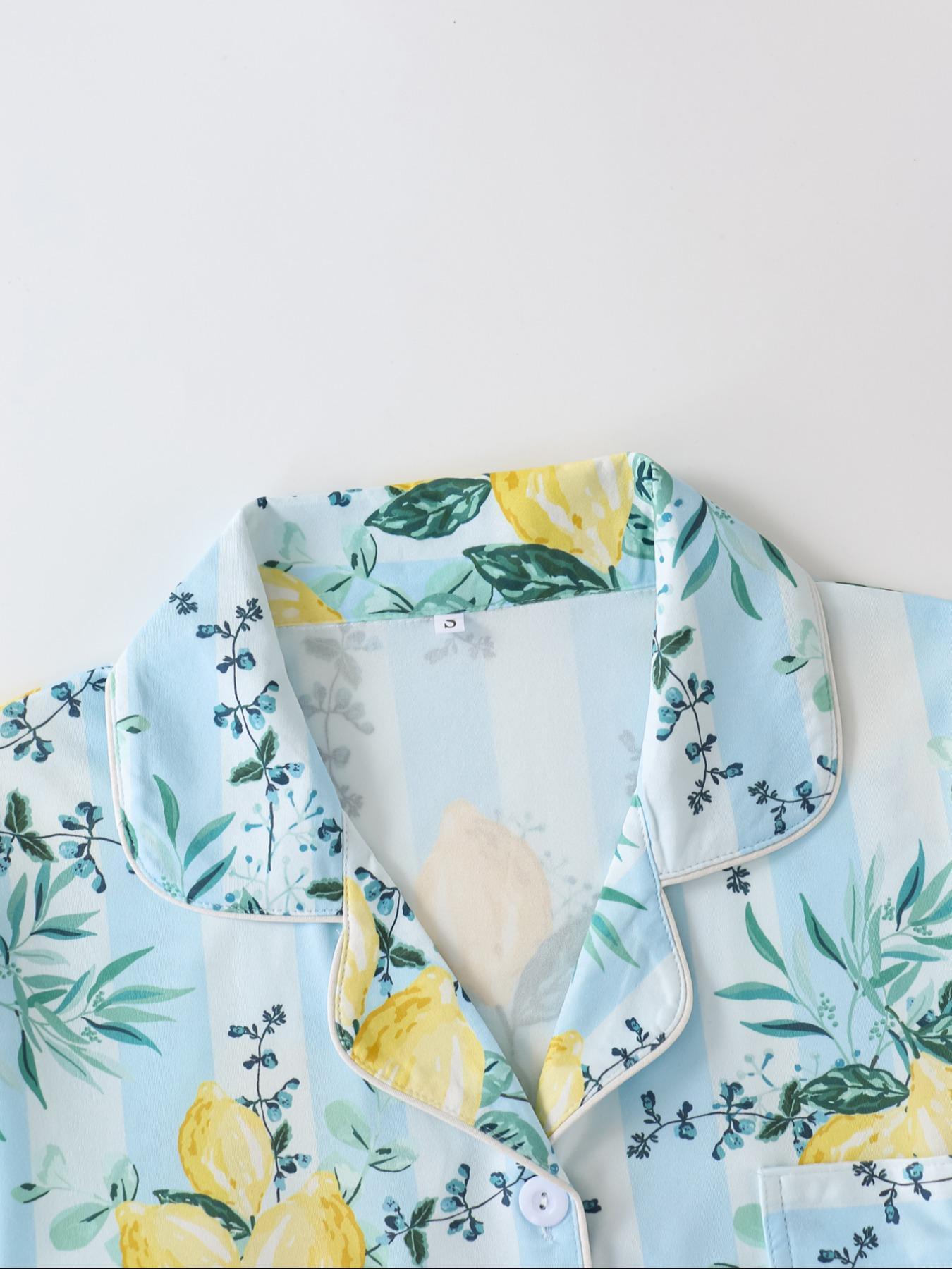 Women's Lemon Print Short Sleeve Pajama Set, Fruit Print Pajama, Button Front Chest Pocket Design Lapel Neck Shortsleeve Top & Elastic Waist Shorts Set, Ladies Summer Sleepwear