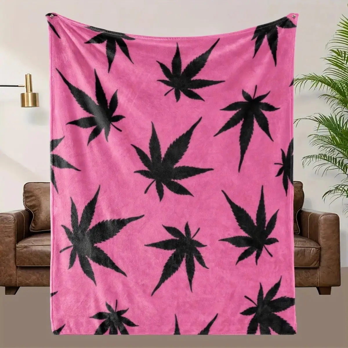 Pink Marijuana Leaf Pattern Flannel Throw Blanket - Black Botanical Weed Leaf Printed Fleece Bedding for Adult Bedroom, Sofa Lounge & Home Decor