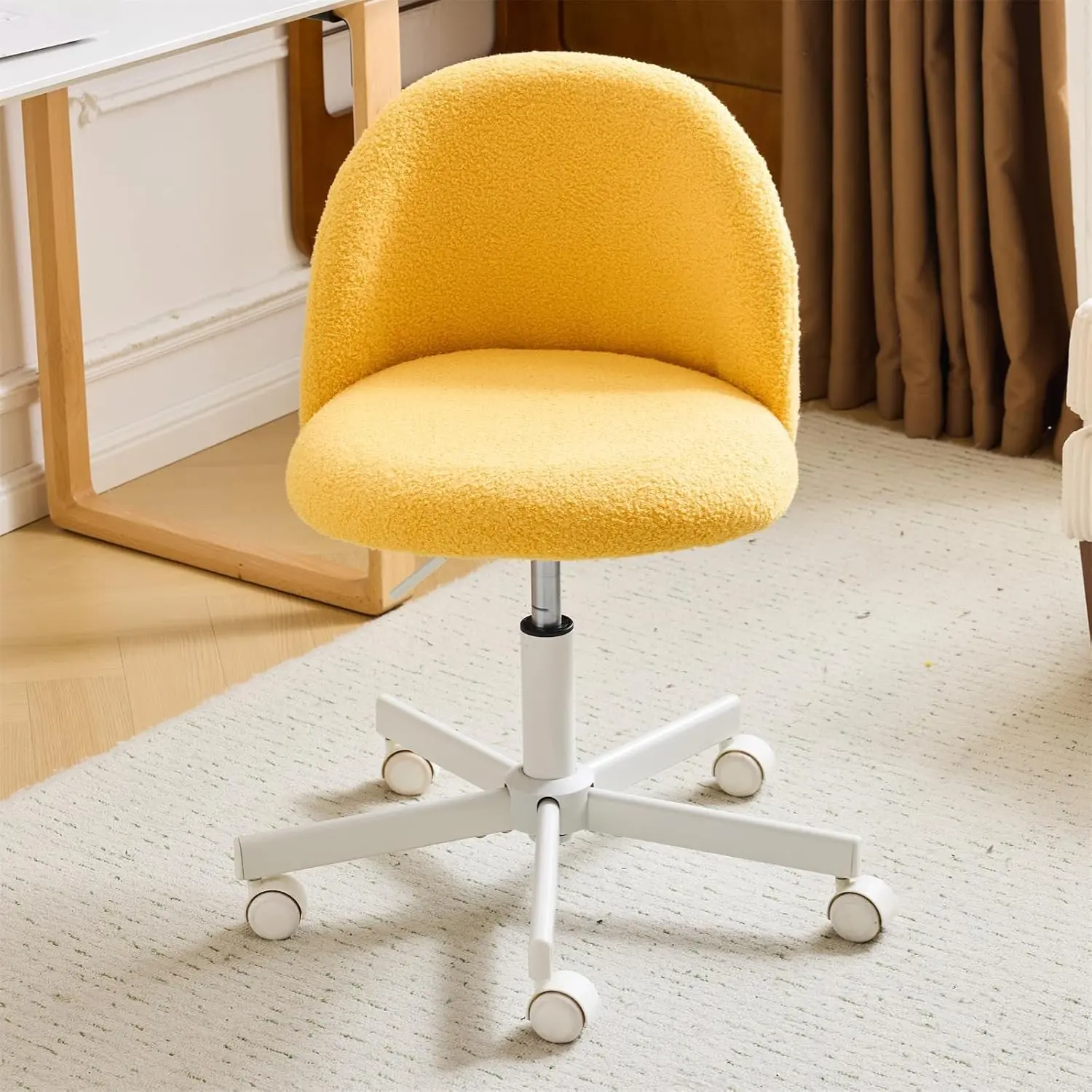 Candy Chair Armless Cute Desk Chair,Comfy Small Office Chair with Wheels,Vanity Chair Lumbar Support,Teddy Adjustable Rolling Swivel Computer Task Chair for Home Office,Bedroom,Sunny Egg Yellow