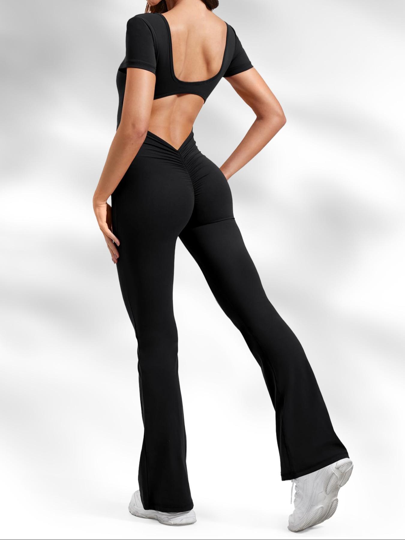 Women's Solid Cut Out Backless Flare Leg Sports Jumpsuit, Sporty Square Neck Ruched Bell Bottom Tummy Control Jumpsuit for Yoga Gym Workout, Ladies Sportswear for All Seasons