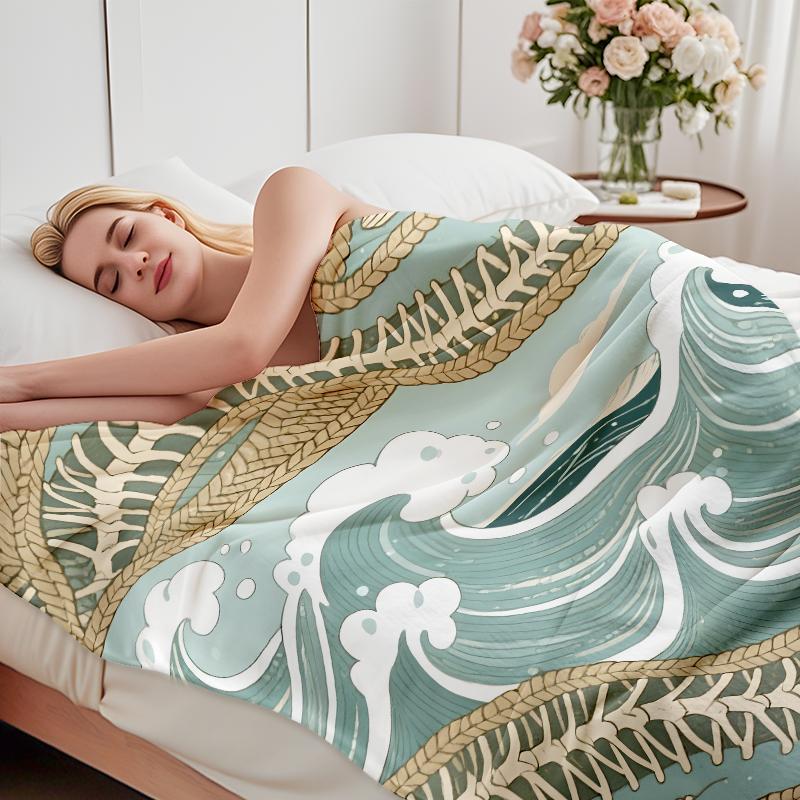 Japanese Great Wave Skeleton Fish Blanket: Ukiyo-E Inspired Ocean Art Throw With Coastal Vibes, Ultra Soft Plush Fleece Blanket Printed In USA For Nautical Decor Lovers