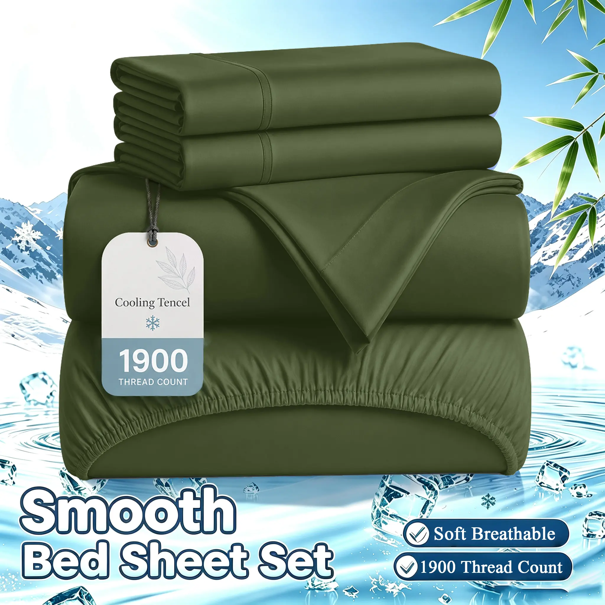 OS OMYSTYLE Deep Pocket Cooling Sheet Set - 1900TC Smooth Kids Bed Sheets - Bamboo Tencel Blend, Breathable & Skin-Friendly, Super Soft, Cooling - Dark Green, Moisture Wicking Sheets Set, Perfect Gift For Cooling Sleep -T/F/Q/K