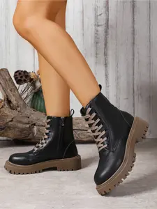 New Fall Two-tone Platform Booties Side Zip Round Toe Street Style Combat Ankle Boots