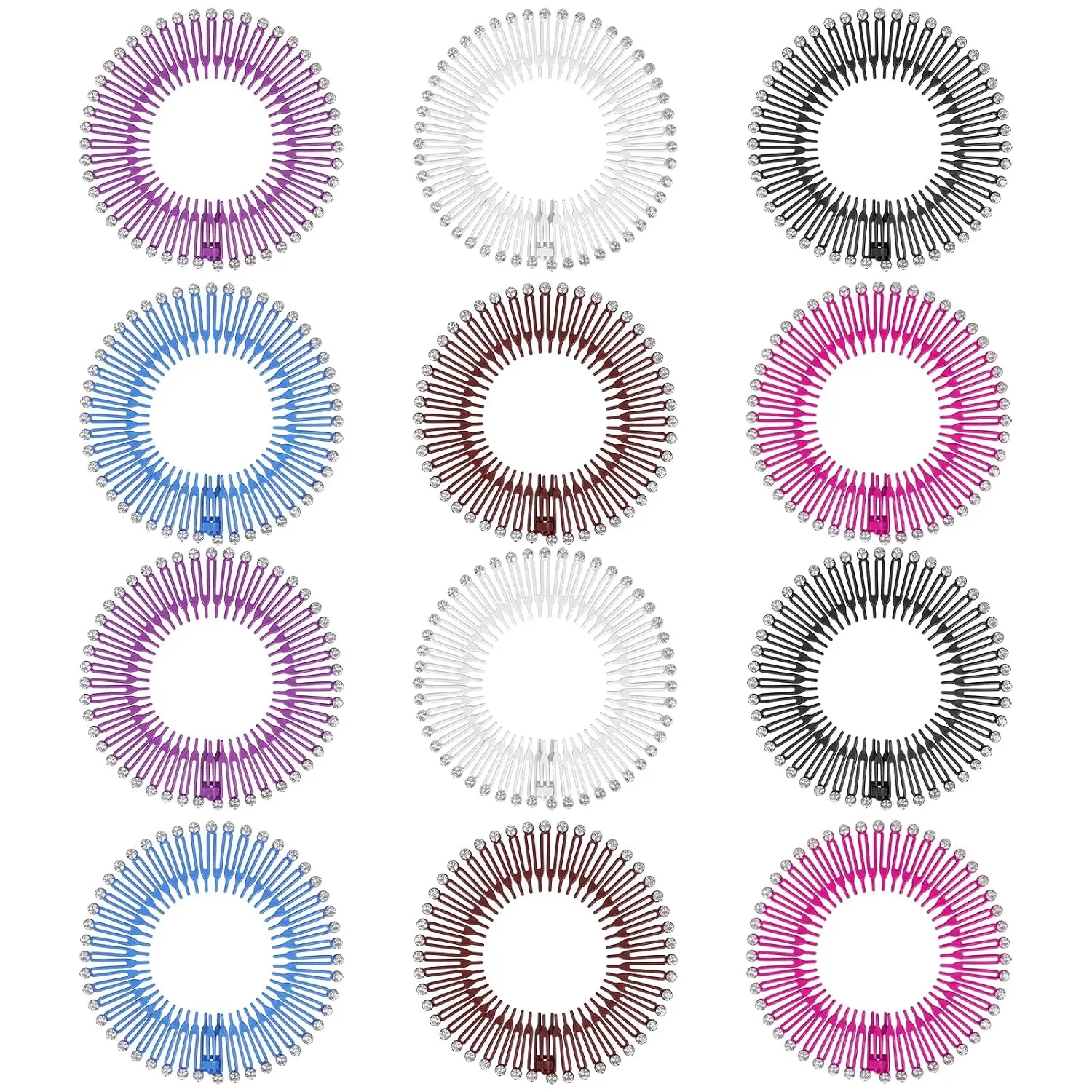 12 count Claw Headbands for Women, Plastic Zig Zag Hair Band,  Band Zig Zag with Rhinestone, Non-Slip Elastic Design, Suitable for Women, Girls, and Sporty Occasions, 6 Colors