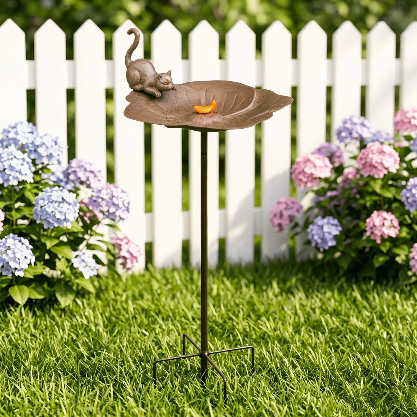 Distressed-finish iron birdbath with a minimalist design; outdoor metal bird feeder featuring a playful cat sculpture; garden stake decoration; suitable for Easter decor; great for attracting wild birds;  ideal gift.