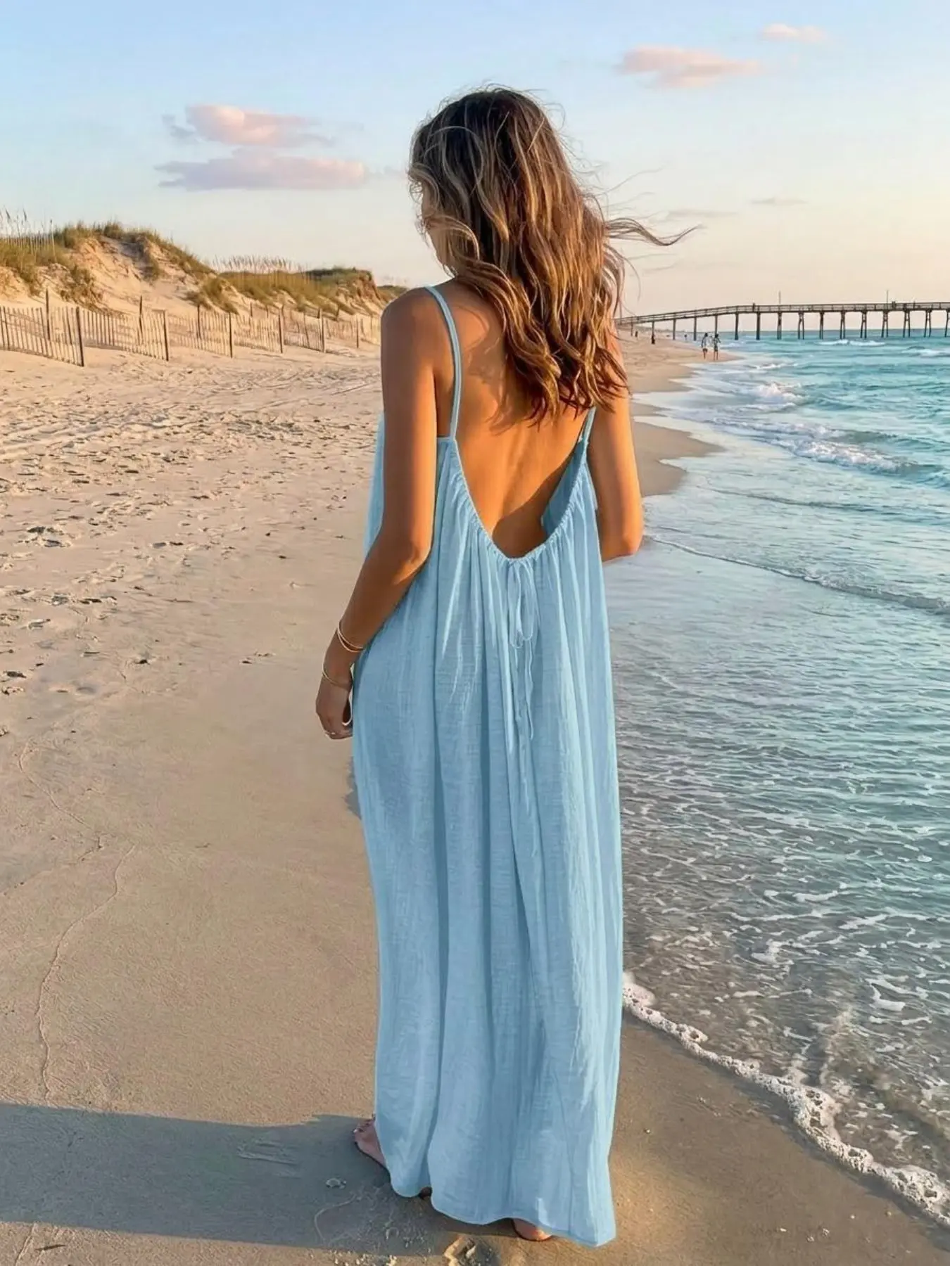 F0739 That Girl Viral Minimal Seaside Maxi Dress, Thin Spaghetti‑Strap Backless Cutout Design, Light Air Beach Wrap Cover‑Up, Premium Soft‑Life Relaxed Outfit for Vacations & Daily Casual Looks.