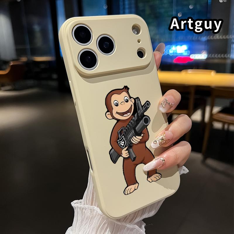 Machine Gun Monkey Pattern Straight Edge Phone Case Soft Case for iPhone 17 16 15 14 Pro Max 13 12 11 Air XR XS Plus Shockproof Drop Protection Rugged Durable Silicone Cover