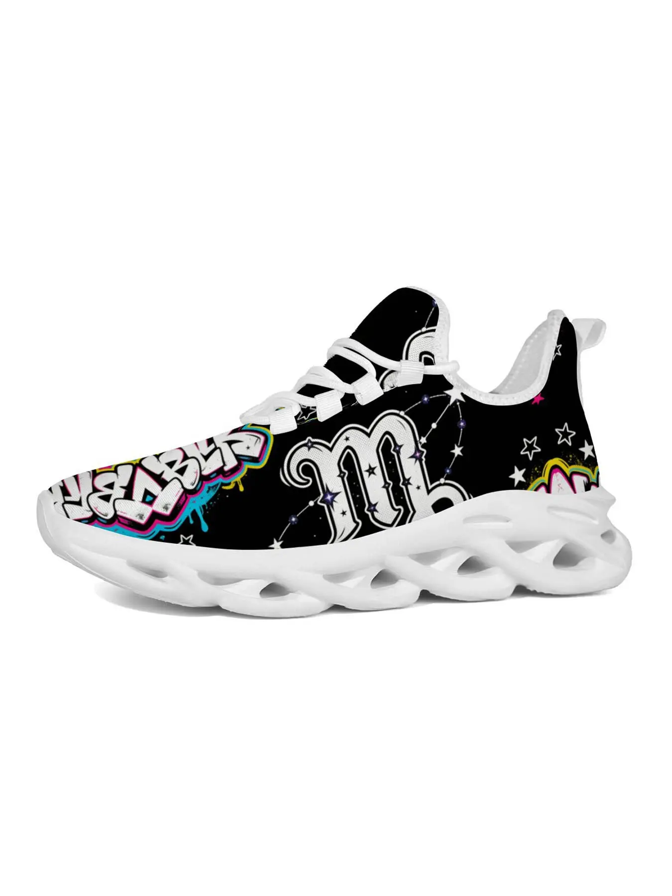 Scorpio Graffiti Style Running Shoes, Street Art Design, Unique Zodiac Print, Hollow Out Shock Absorption, Trendy Youth Fashion Essentials