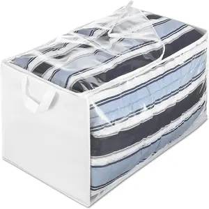 Zippered Jumbo Storage Bag, Extra Large 34 Gallon (29"x17.5"x15.5"), Breathable Non-Woven Organizer with Clear Window, Big Moving Bag for Blankets, Clothing, Closet Organization, White