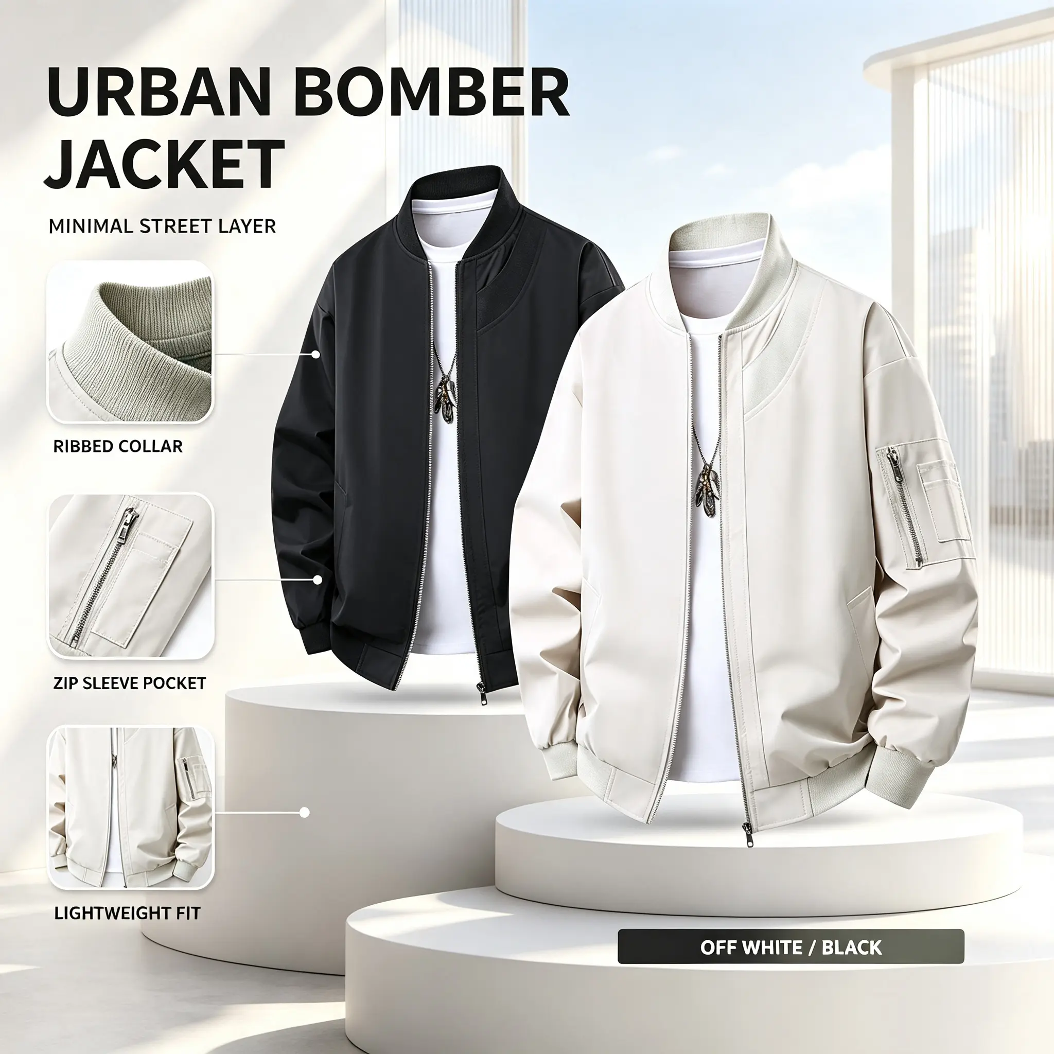 Minimalist Solid Flight Bomber Coat Men Full Zip Lightweight Daily Hip Hop Wind Jacket