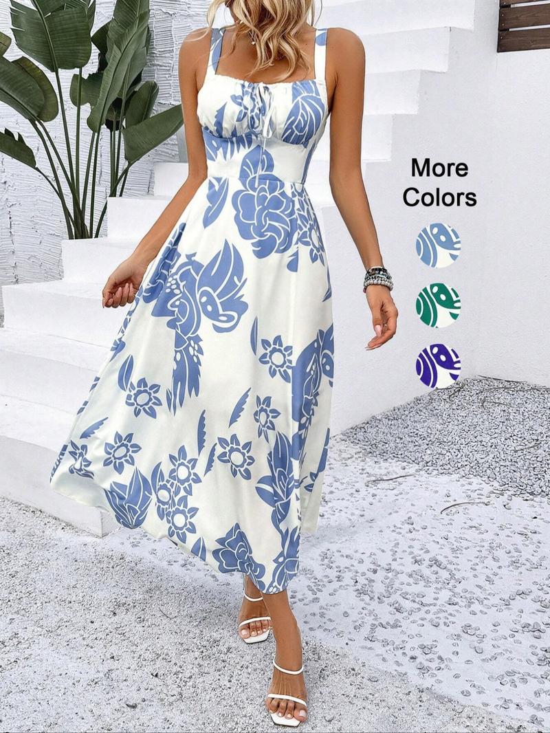 Elegant Women's Floral Print Wide Strap Dress, Backless Ruched Design, Sleeveless Long Dress for Vacation