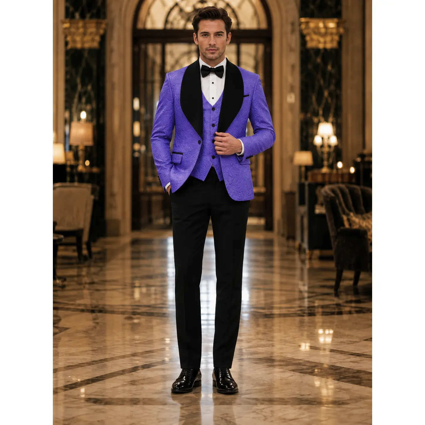 Men's 3-Piece Luxury Jacquard Tuxedo Set - 1-Button Shawl Lapel Slim-Fit Jacket, Vest, Pants, Premium Formal Occasion Wear