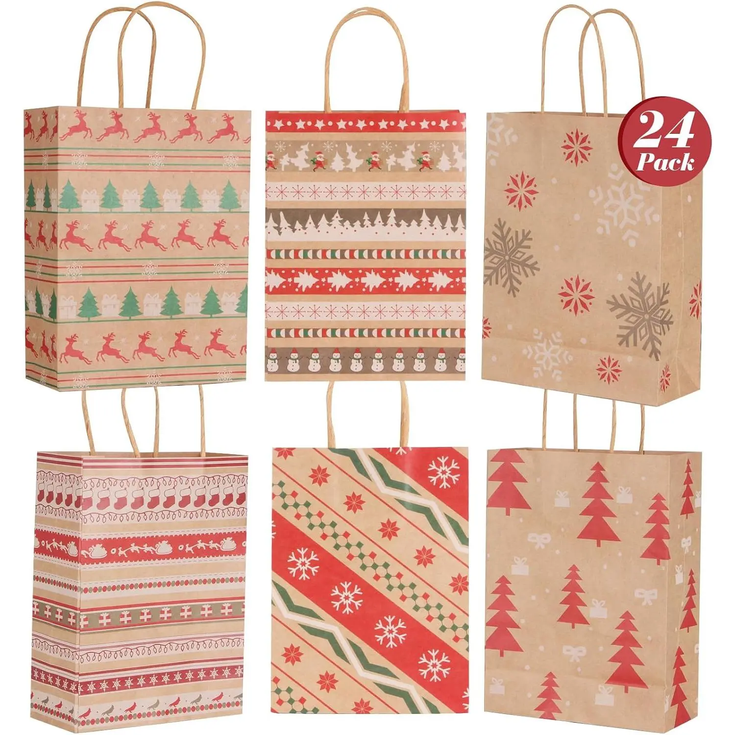 Christmas  Bags, 24 Pack Christmas  Bags, 6   Paper Holiday Bags with Handles, Bulk Favor Candy Bags for Classroom, Office, Family & Party  Wrapping (9.4" x 7" x 3.2")