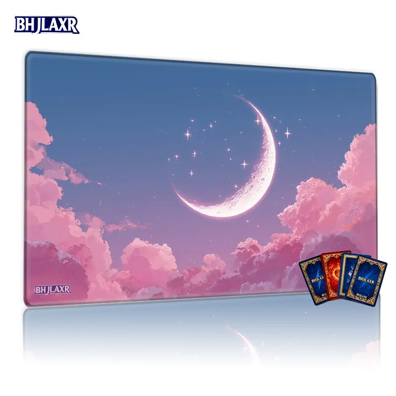 Dreamy Night Sky Pink Clouds Crescent Moon MTG TCG Playmat, 12x24inch Game Mat for Trading Card Games, Table Mat with Whimsical Stars, Great Gift for Gamers