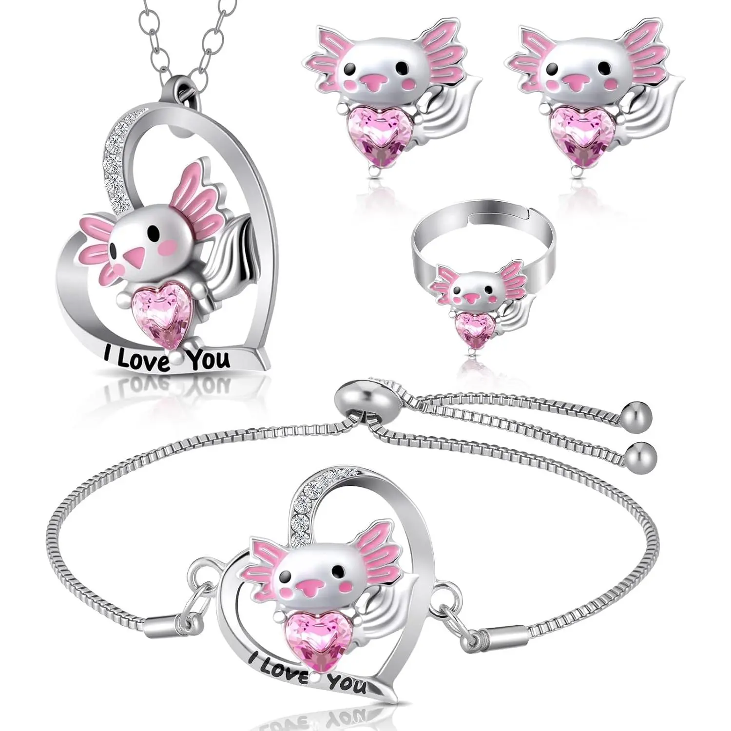 4 count Girl Unicorn Axolotl  Set | Necklace Bracelet Ring Clip  Earrings,  Little Girls , Dress up Pendant Gifts for  Birthday Party