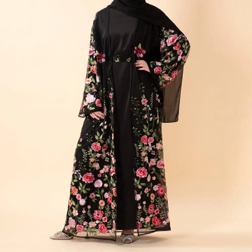 Women's Modest Open Abaya (MOA275) - Eid-Exclusive Rose Embroidery, 3D-Style Rose Garden Design, Long Flowing Sleeves with Detailed Embroidery, Mesh, Loose, Hijabi Islamic Clothing for Family Gatherings, Modest Fashion Inspo, Embroidery Abaya, Islamic Mod